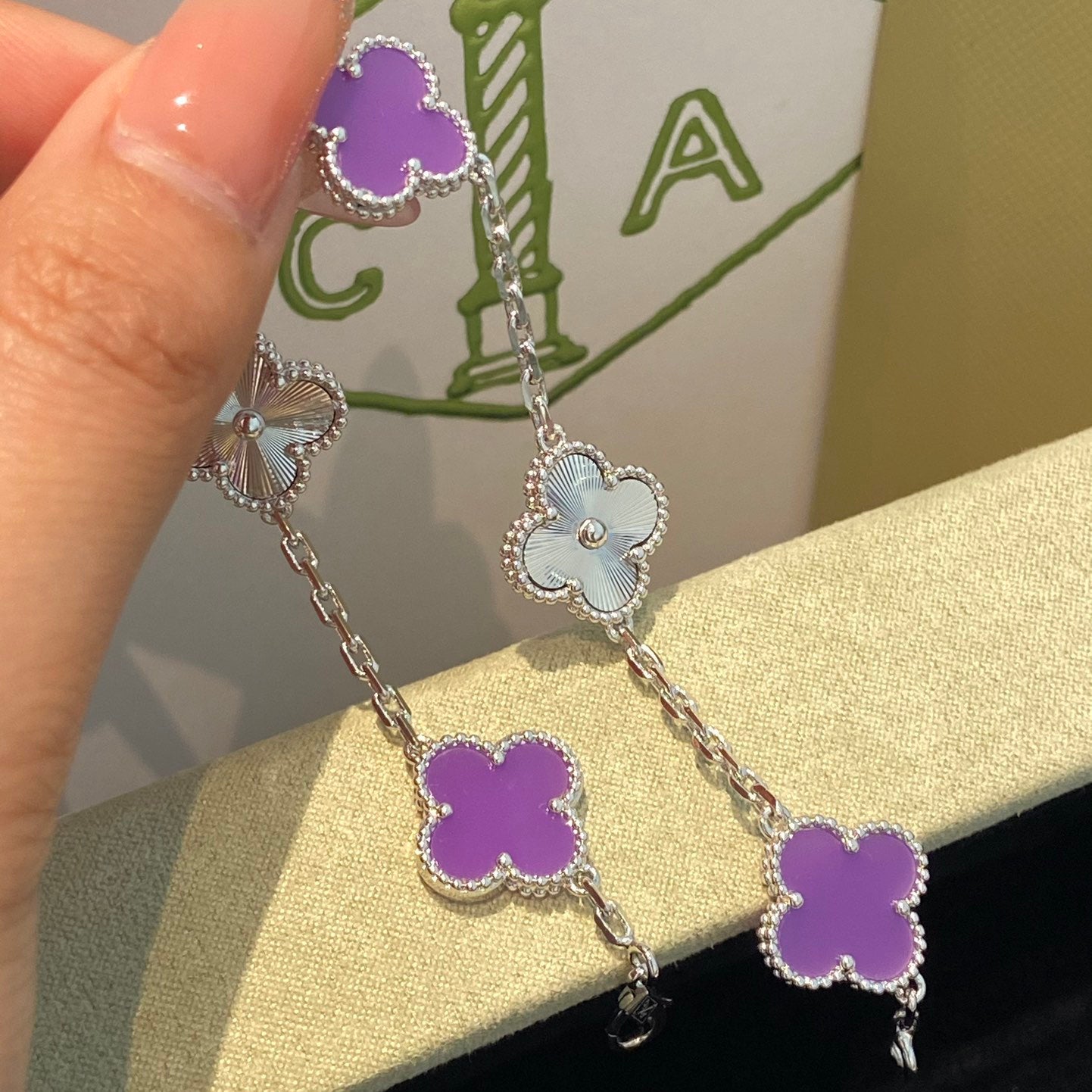 [ECHO ]CLOVER  5 MOTIFS  PURPLE VIOLET BRACELET SILVER