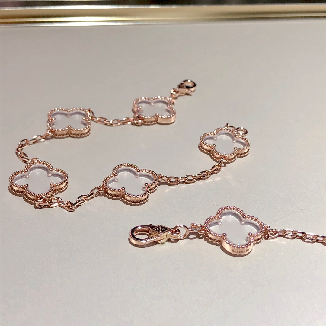 [ECHO ]CLOVER 5 MOTIF ROCK CRYSTAL PINK GOLD BRACELET