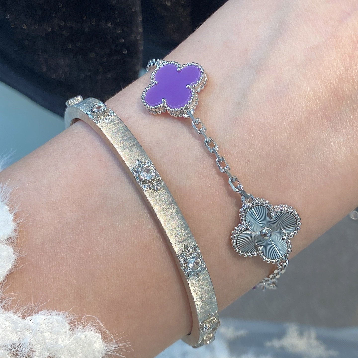 [ECHO ]CLOVER  5 MOTIFS  PURPLE VIOLET BRACELET SILVER