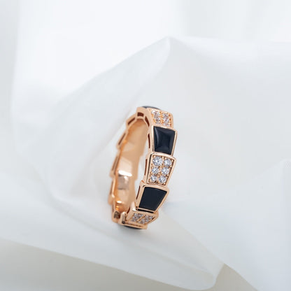 [ECHO ]SERPENTI RING PINK GOLD BLACK MOP DIAMOND PAVED 4MM