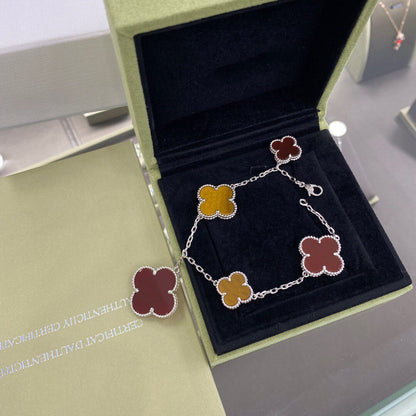 [ECHO ]CLOVER 5 MOTIFS SIVLER CARNELIAN TIGER EYE BRACELET