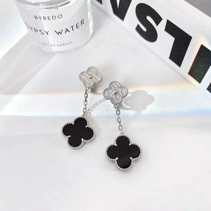 [ECHO ]CLOVER 2 MOTIFS  DIAMOND ONYX EARRINGS SILVER