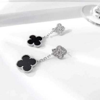 [ECHO ]CLOVER 2 MOTIFS  DIAMOND ONYX EARRINGS SILVER