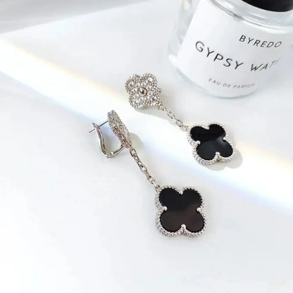[ECHO ]CLOVER 2 MOTIFS  DIAMOND ONYX EARRINGS SILVER