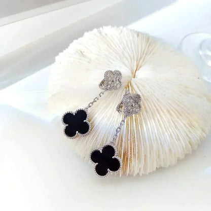 [ECHO ]CLOVER 2 MOTIFS  DIAMOND ONYX EARRINGS SILVER