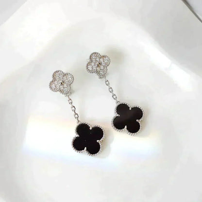 [ECHO ]CLOVER 2 MOTIFS  DIAMOND ONYX EARRINGS SILVER