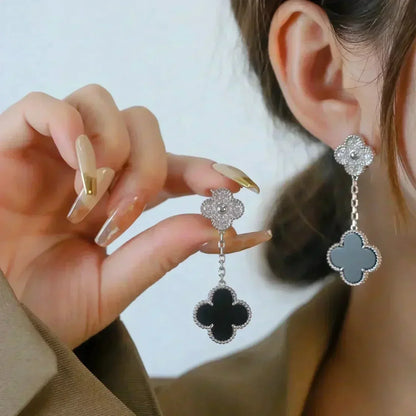 [ECHO ]CLOVER 2 MOTIFS  DIAMOND ONYX EARRINGS SILVER