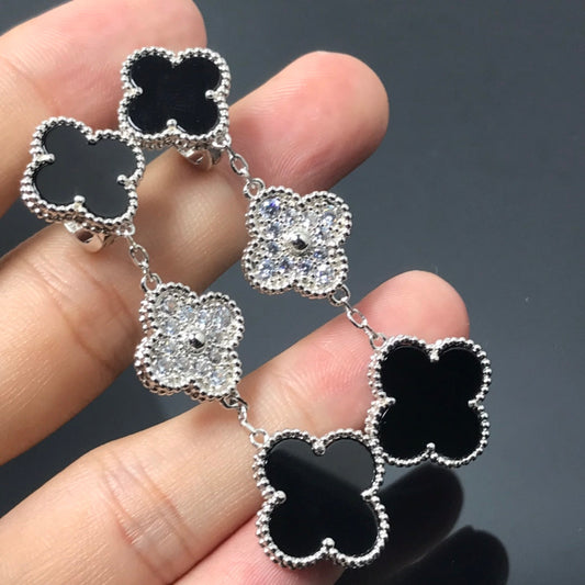 [ECHO ]CLOVER 3 MOTIF DIAMOND ONYX SILVER EARRINGS