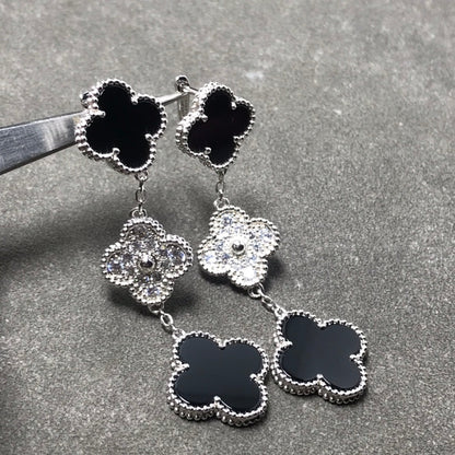 [ECHO ]CLOVER 3 MOTIF DIAMOND ONYX SILVER EARRINGS