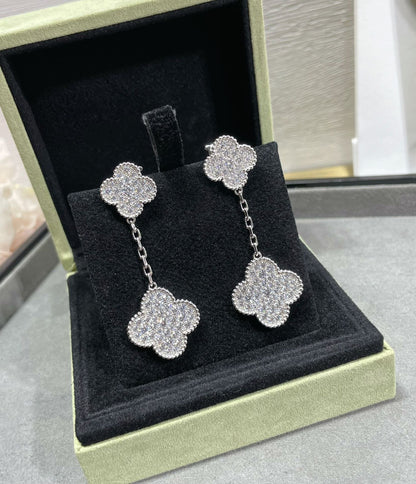 [ECHO ]CLOVER 2 MOTIFS DIAMOND PAVED SILVER EARRINGS