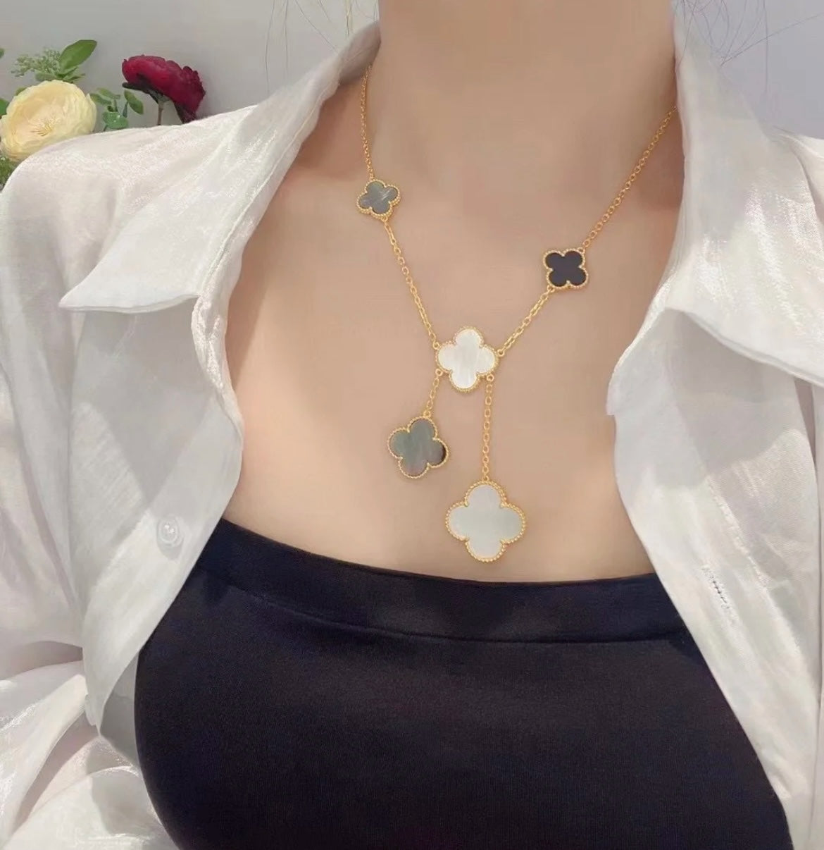 [ECHO ]CLOVER 6 MOTIF MOP ONYX GOLD NECKLACE