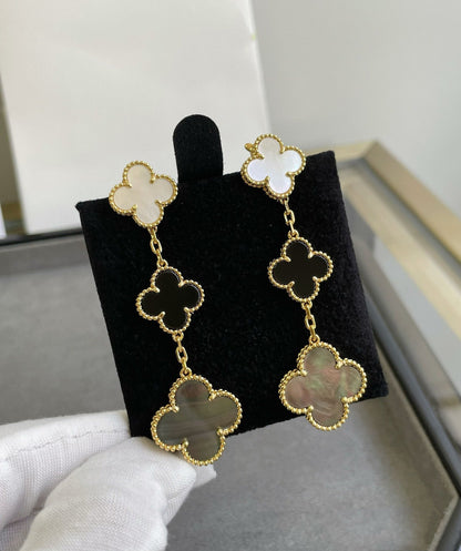 [ECHO ]CLOVER 3 MOTIF MOP ONYX DARK MOP PINK GOLD EARRINGS