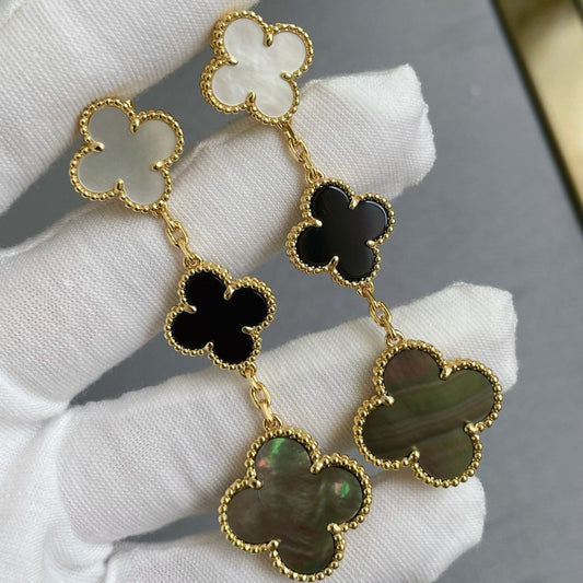 [ECHO ]CLOVER 3 MOTIF MOP ONYX DARK MOP PINK GOLD EARRINGS