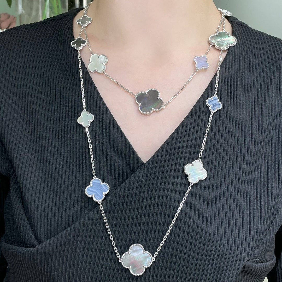 [ECHO ]CLOVER 16 MOTIF CHALCEDONY MOP SILVER NECKLACE