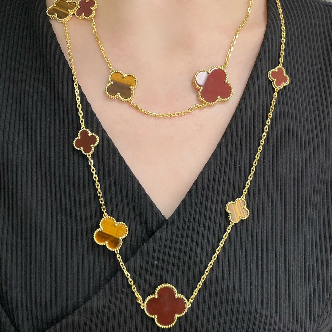 [ECHO ]CLOVER 16 MOTIF CARNELIAN TIGER EYE ROSE GOLD NECKLACE