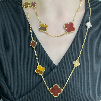 [ECHO ]CLOVER 16 MOTIF CARNELIAN TIGER EYE ROSE GOLD NECKLACE