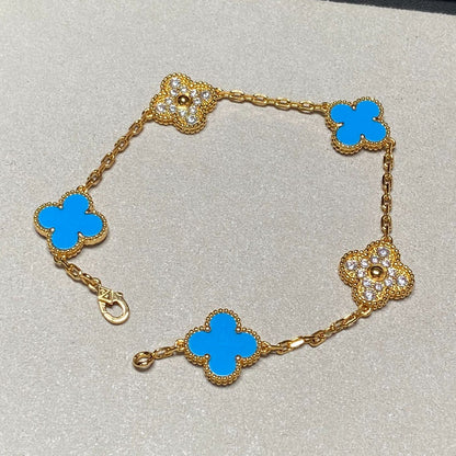 [ECHO ]CLOVER 5 MOTIF BLUE CHALCEDONY DIAMOND GOLD BRACELET