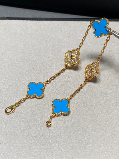 [ECHO ]CLOVER 5 MOTIF BLUE CHALCEDONY DIAMOND GOLD BRACELET