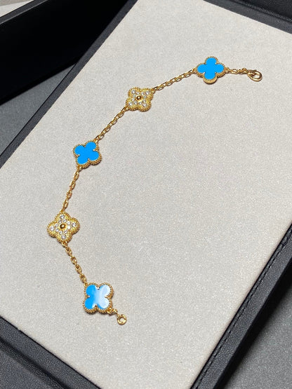 [ECHO ]CLOVER 5 MOTIF BLUE CHALCEDONY DIAMOND GOLD BRACELET