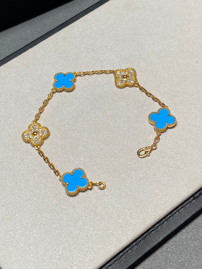 [ECHO ]CLOVER 5 MOTIF BLUE CHALCEDONY DIAMOND GOLD BRACELET