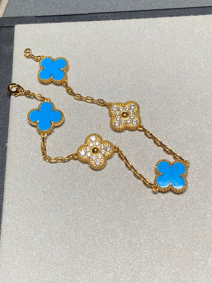 [ECHO ]CLOVER 5 MOTIF BLUE CHALCEDONY DIAMOND GOLD BRACELET