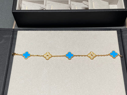 [ECHO ]CLOVER 5 MOTIF BLUE CHALCEDONY DIAMOND GOLD BRACELET
