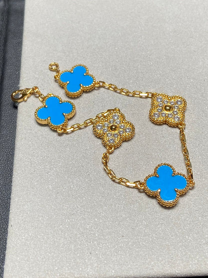 [ECHO ]CLOVER 5 MOTIF BLUE CHALCEDONY DIAMOND GOLD BRACELET