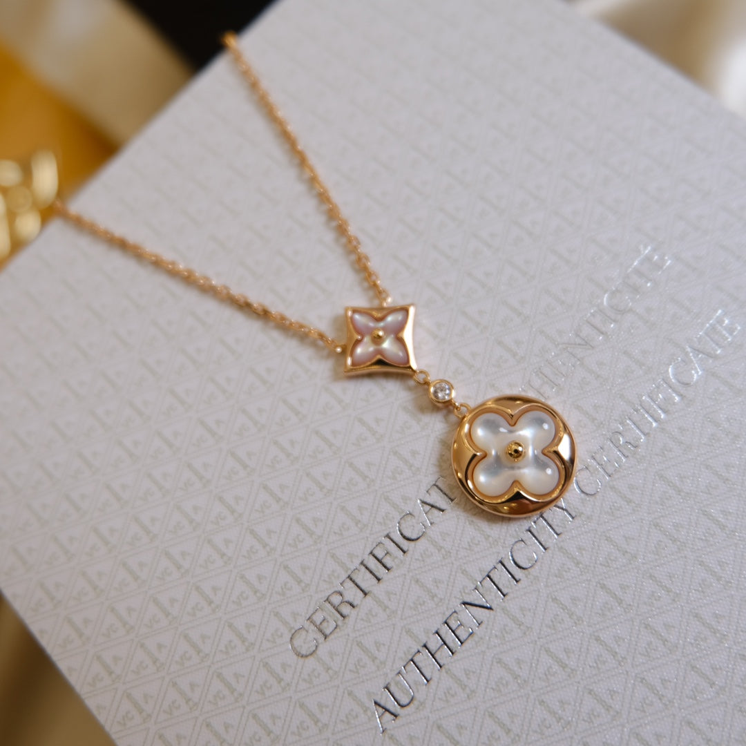 [ECHO ]STAR AND SUN WHITE MOP 2 MOTIF PINK GOLD NECKLACE