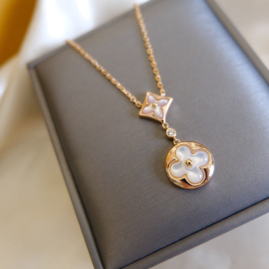 [ECHO ]STAR AND SUN WHITE MOP 2 MOTIF PINK GOLD NECKLACE
