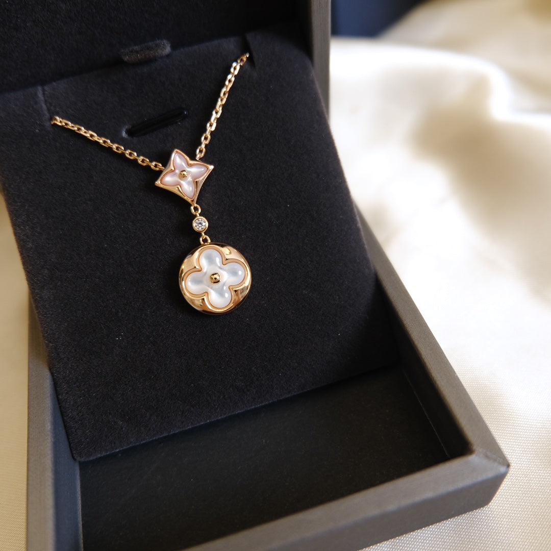 [ECHO ]STAR AND SUN WHITE MOP 2 MOTIF PINK GOLD NECKLACE