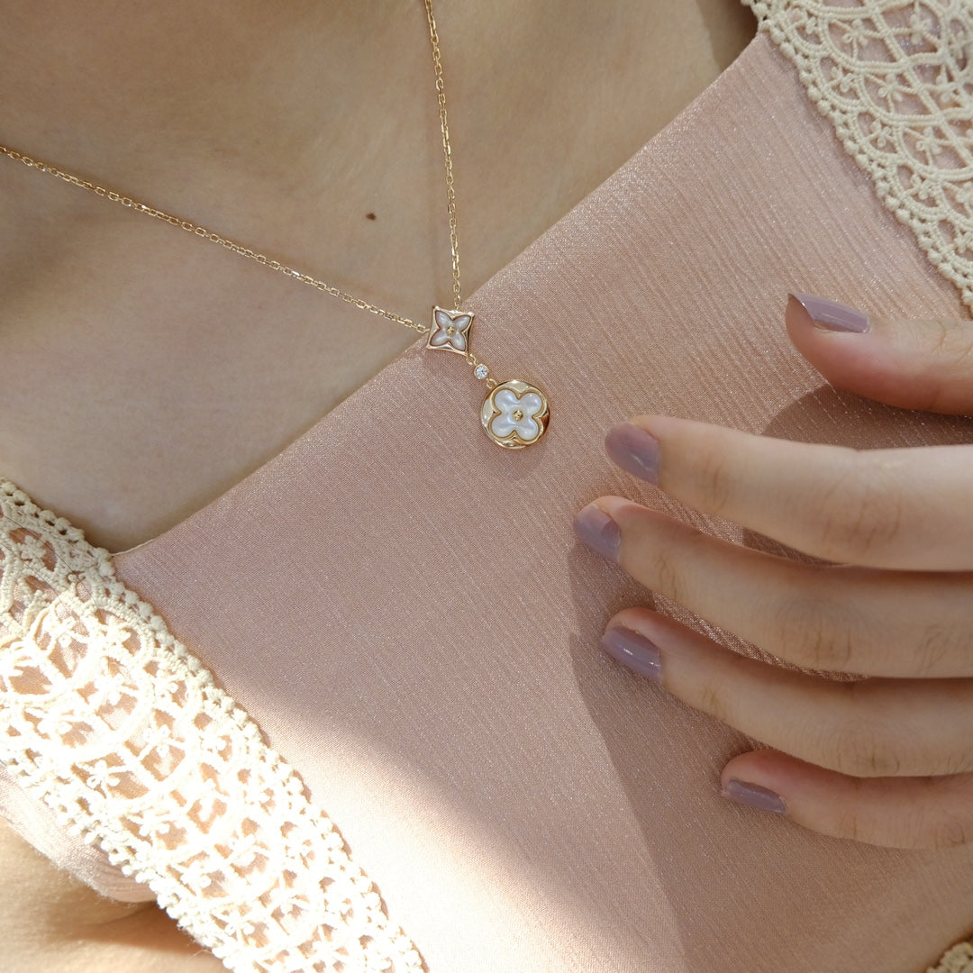 [ECHO ]STAR AND SUN WHITE MOP 2 MOTIF PINK GOLD NECKLACE