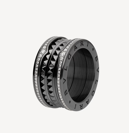 [ECHO ]ZERO 1 ROCK FOUR-BAND BLACK CERAMIC WITH STUDDED SPIRAL AND PAVED DIAMONDS RING