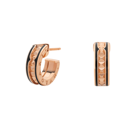 [ECHO ]ZERO 1 ROCK PINK GOLD EARRINGS WITH STUDDED SPIRAL AND BLACK CERAMIC