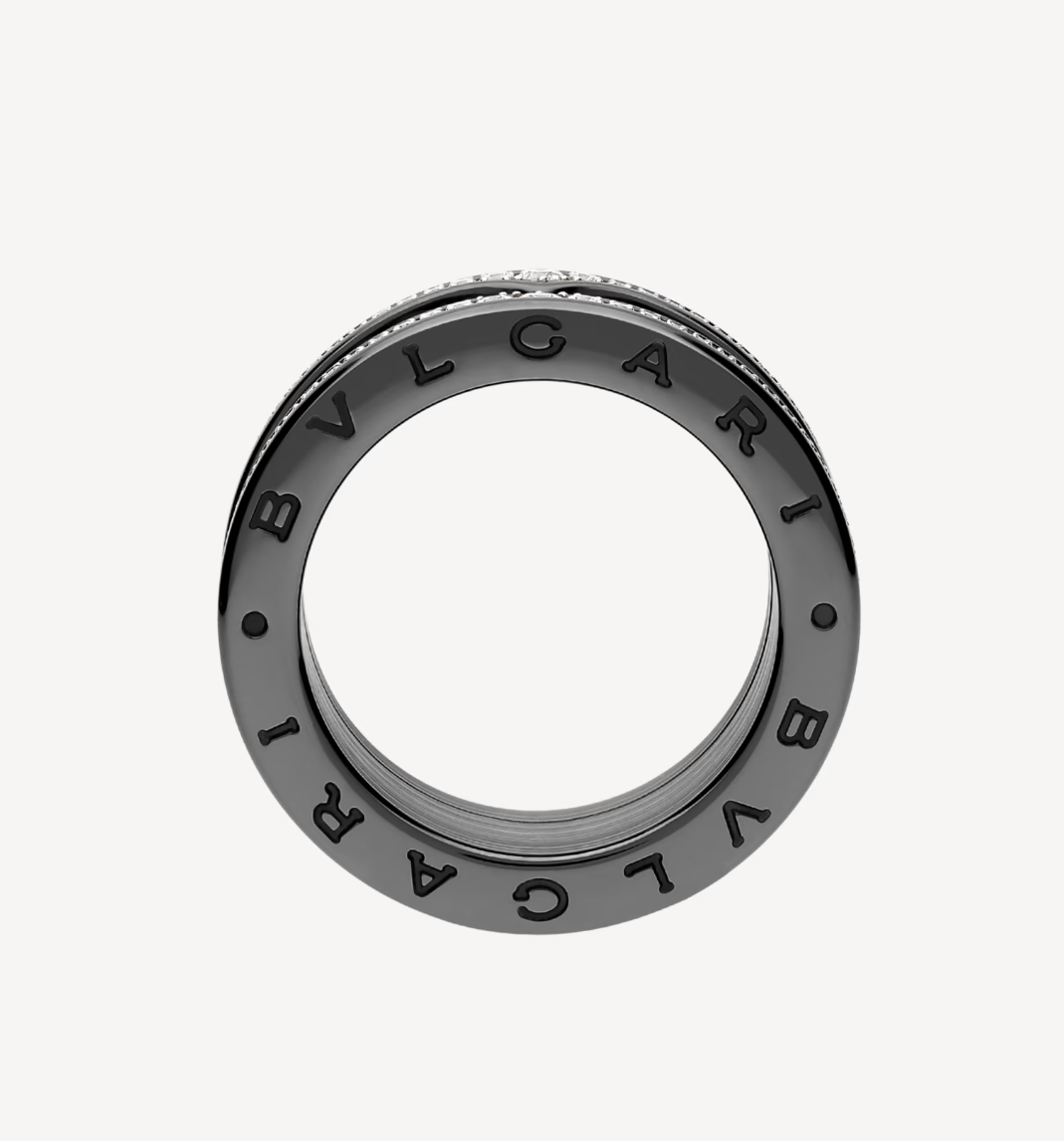 [ECHO ]ZERO 1 ROCK FOUR-BAND BLACK CERAMIC WITH STUDDED SPIRAL AND PAVED DIAMONDS RING