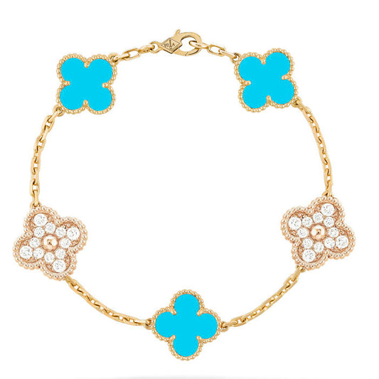 [ECHO ]CLOVER 5 MOTIF TURQUOISE DIAMOND GOLD BRACELET
