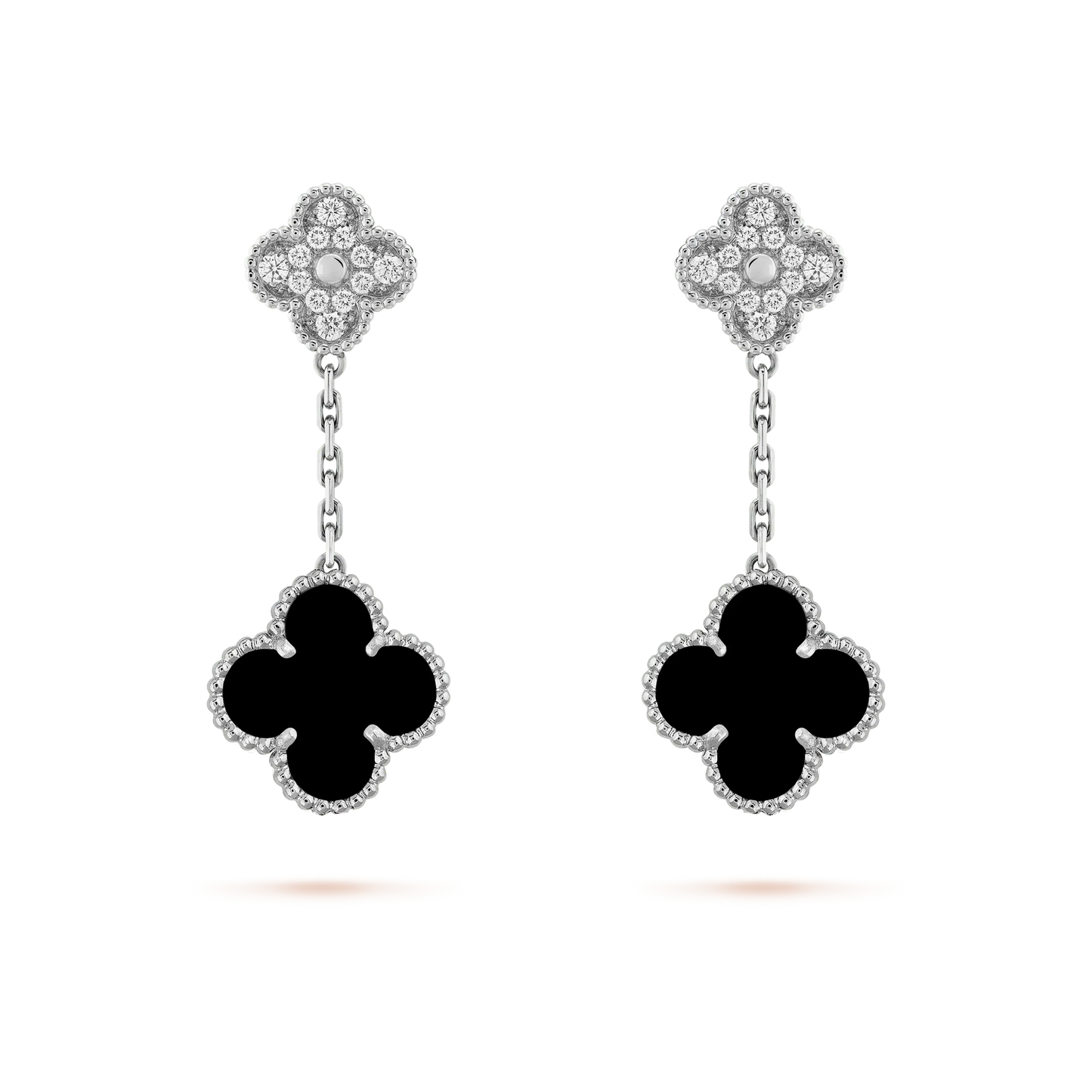 [ECHO ]CLOVER 2 MOTIFS  DIAMOND ONYX EARRINGS SILVER