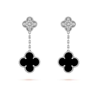 [ECHO ]CLOVER 2 MOTIFS  DIAMOND ONYX EARRINGS SILVER