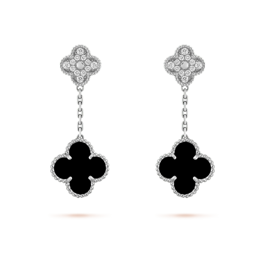 [ECHO ]CLOVER 2 MOTIFS  DIAMOND ONYX EARRINGS SILVER