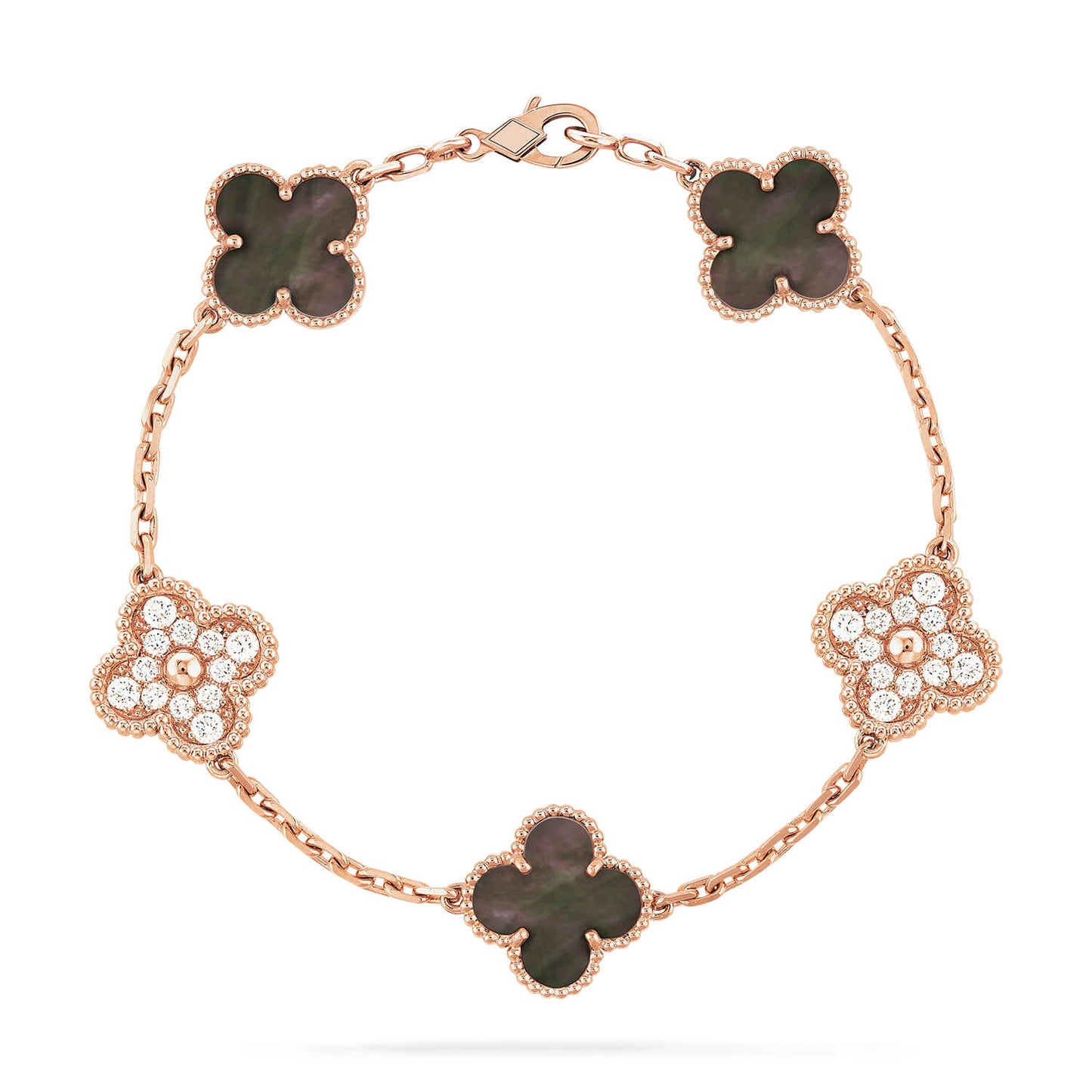 [ECHO ]CLOVER 5 MOTIFS DARK MOP AND DIAMONDS PINK GOLD BRACELET
