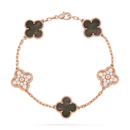 [ECHO ]CLOVER 5 MOTIFS DARK MOP AND DIAMONDS PINK GOLD BRACELET