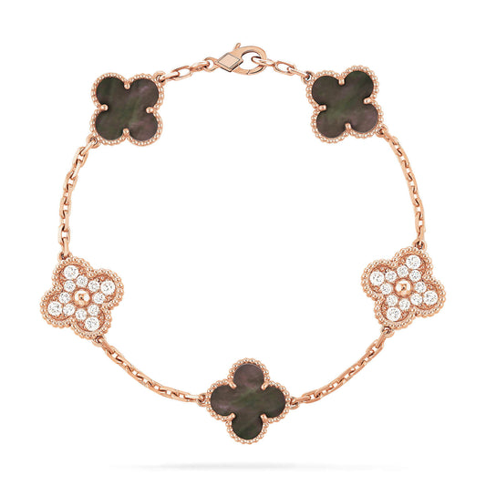 [ECHO ]CLOVER 5 MOTIFS DARK MOP AND DIAMONDS PINK GOLD BRACELET