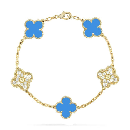 [ECHO ]CLOVER 5 MOTIF BLUE CHALCEDONY DIAMOND GOLD BRACELET
