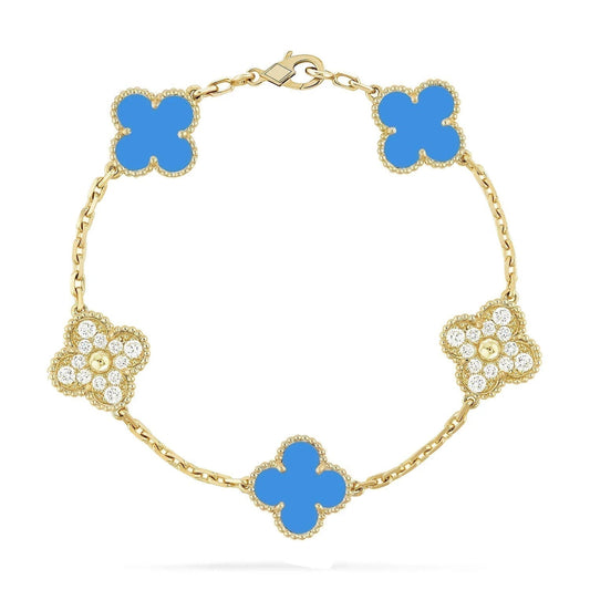 [ECHO ]CLOVER 5 MOTIF BLUE CHALCEDONY DIAMOND GOLD BRACELET