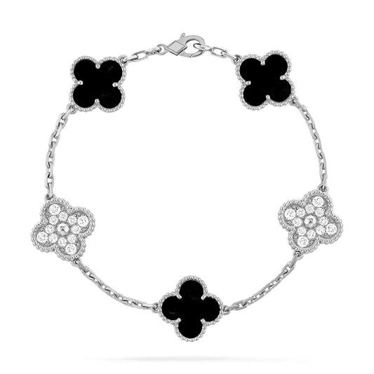 [ECHO ]CLOVER 5 MOTIF ONYXS DIAMOND BRACELET SILVER