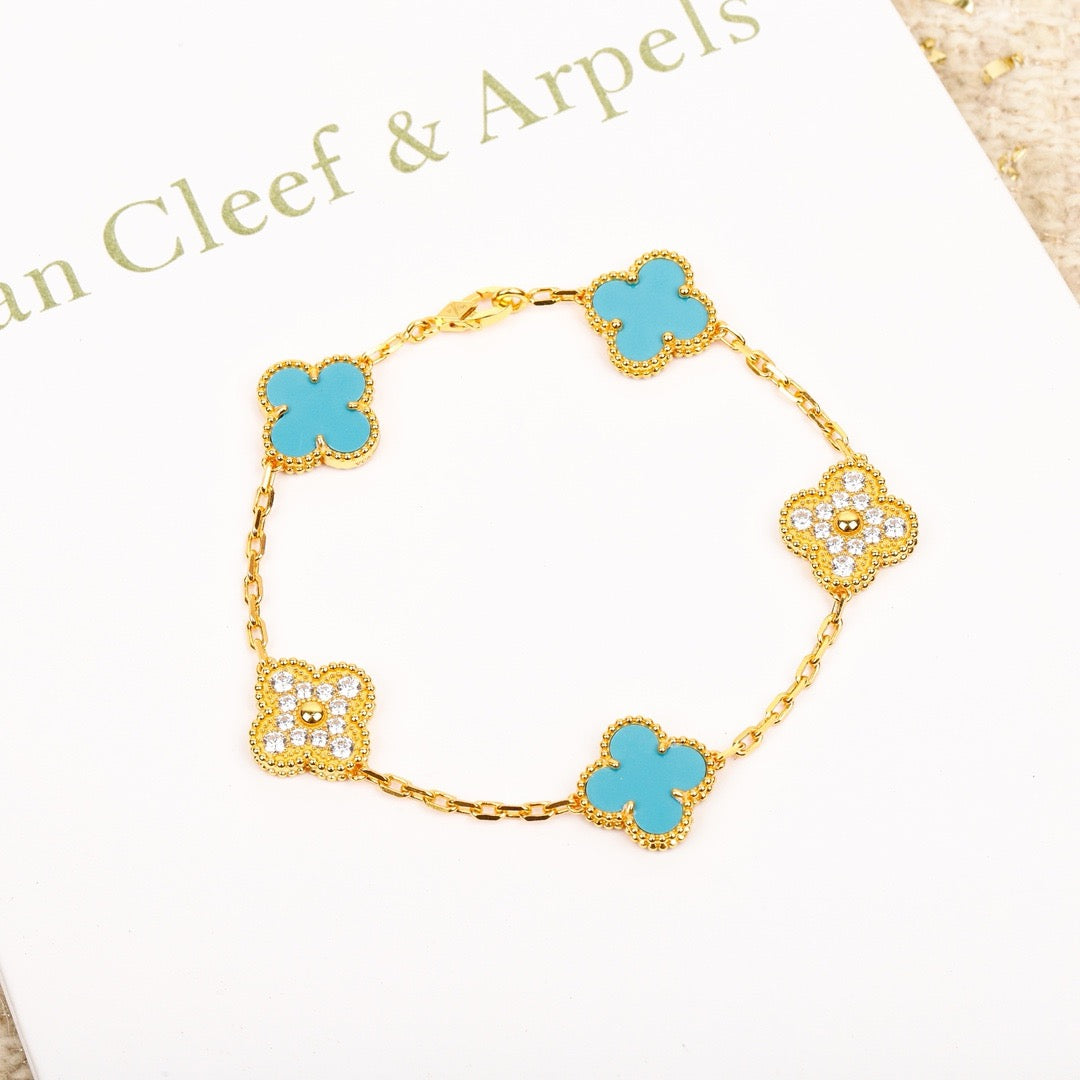[ECHO ]CLOVER 5 MOTIF TURQUOISE DIAMOND GOLD BRACELET