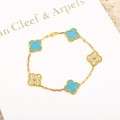 [ECHO ]CLOVER 5 MOTIF TURQUOISE DIAMOND GOLD BRACELET