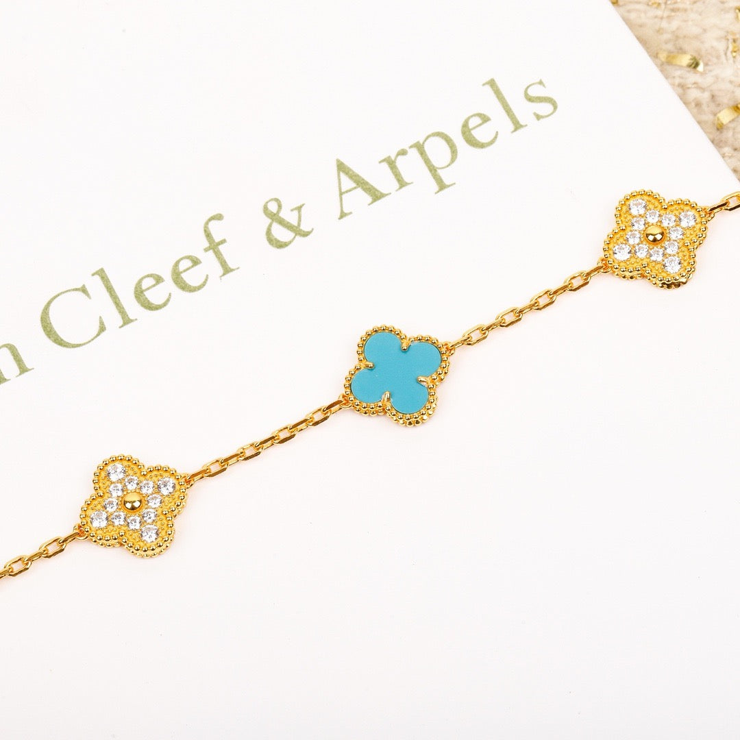 [ECHO ]CLOVER 5 MOTIF TURQUOISE DIAMOND GOLD BRACELET