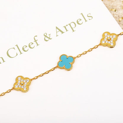 [ECHO ]CLOVER 5 MOTIF TURQUOISE DIAMOND GOLD BRACELET