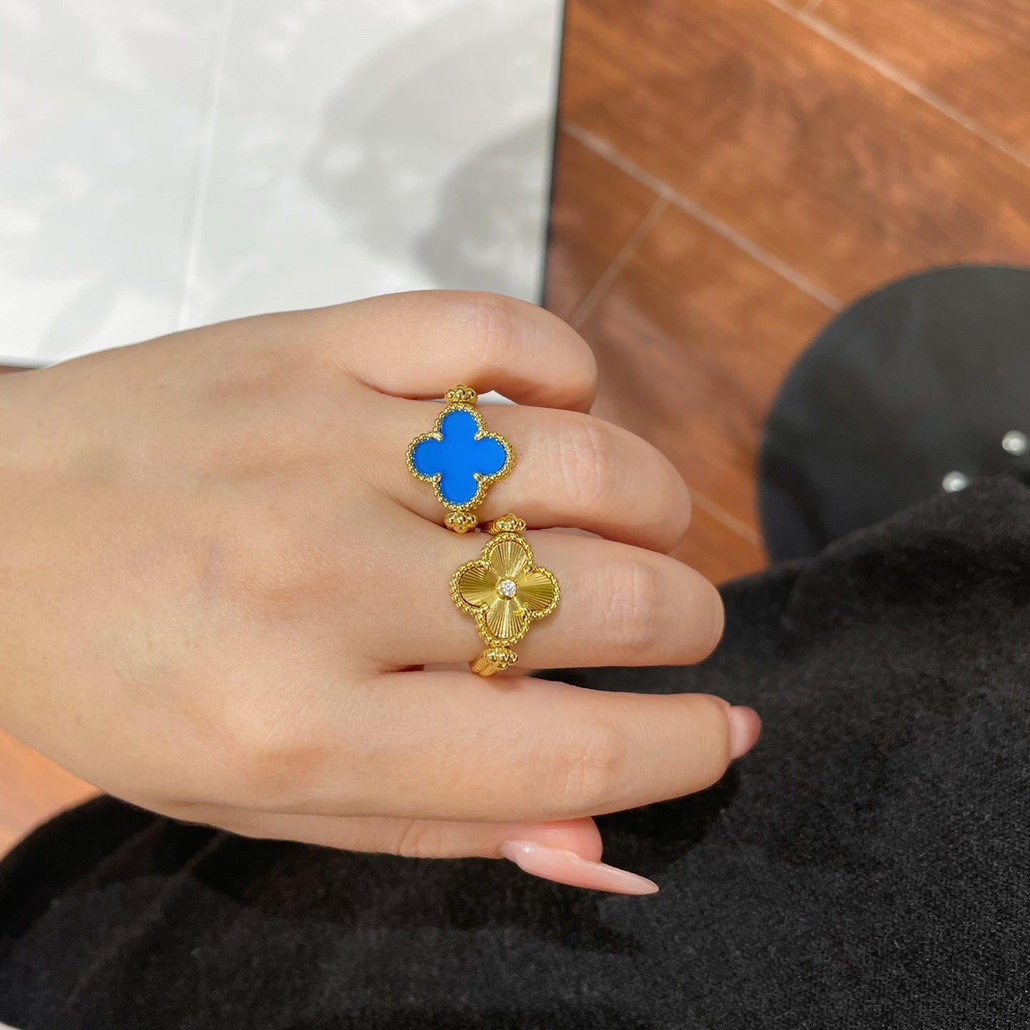 [ECHO ]CLOVER RIVERSIBLE BLUE AGATE RING
