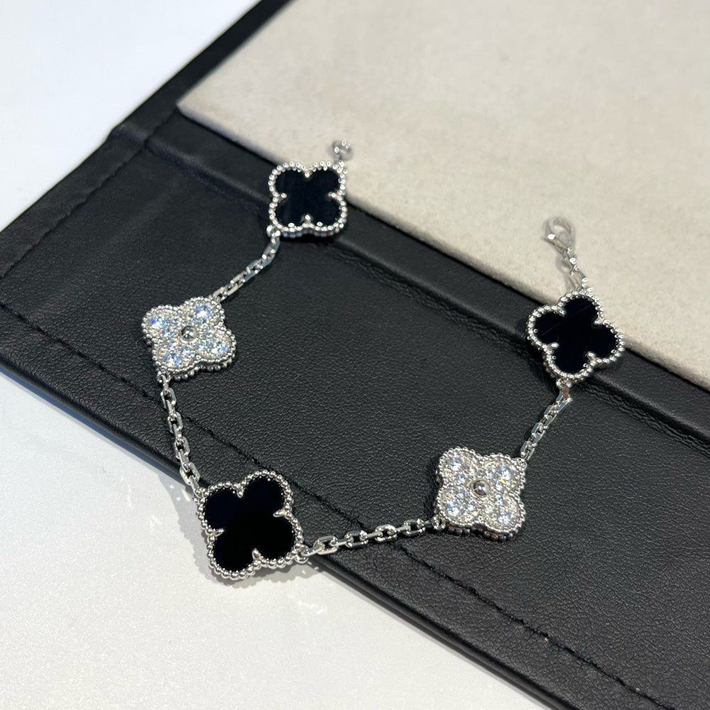 [ECHO ]CLOVER 5 MOTIF ONYXS DIAMOND BRACELET SILVER